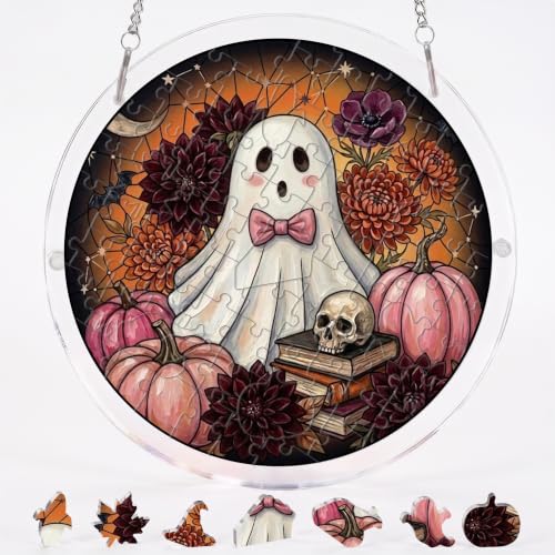 Mestart 83 Pieces Acrylic Puzzle Stained Glass Window Hanging, DIY Kit Moonlit Spooky Halloween Ghost Pink Pumpkin Whimsical Flower Decor, Home Garden Ornament Gift for Mom Women Family Friends 7.87