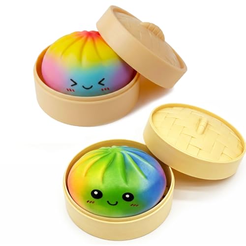 Met-edianger 2 Pack Rainbow Dumpling Toy with Steamer Box Surprise Squeeze Dough Stress Ball Realistic Steamed Bun Fidget Sensory Toy for Desk Anxiety Relief Calming Travel Accessory Gift
