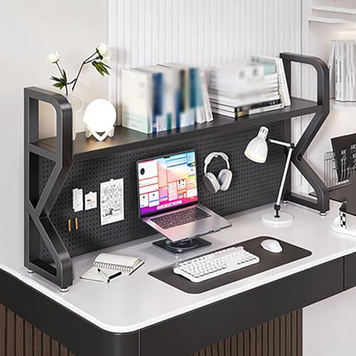 Metal Desktop hutch Bookshelf With Pegboard Hooks,2/3 Tier Desk Shelf Mechanical-Style K-Shaped stand,Countertop Storage Organizer Rack for Dorm Office Gaming Desk(95cm/37.4inch,Black 2 Tier)