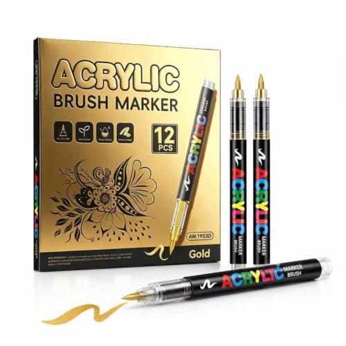 Metallic Acrylic Paint Brush Markers, 12Pcs Set Soft Flexible Brush Tip Metallic Paint Pens, Pigment Marker for Rock Painting, Glass,Ceramic, Card Making, DIY Crafts & Art Supplies (Gold Set)