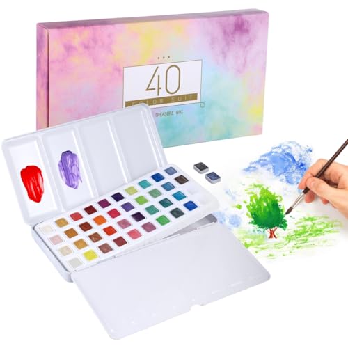Metallic Watercolor Paint Set, 40 Glitter Colors in a Tin Box, Pearlescent Watercolor Paint Set with Removable Pans and Mixing Palette Lid, Art Supplies for Artists, Beginners, Hobbyists, Students