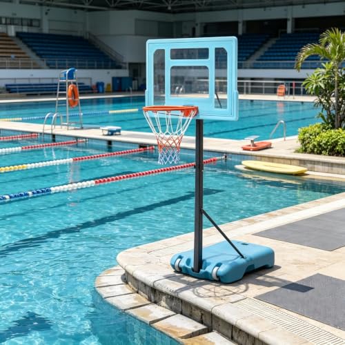 Metal PE PVC Poolside Basketball Hoop Stand, Adjustable Height Portable Basketball System with Clear Backboard Fillable Base Wheels for Family Pool Party Outdoor Entertainment