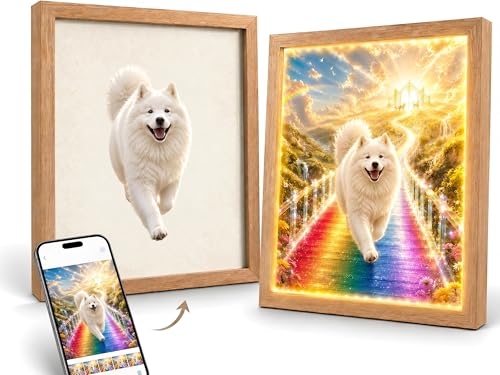 MEWEACHI Personalized Pet Memorial Picture Frame Custom LED Light Box Photo Frame for Loss of Dog Cat Illuminated Wooden Bereavement Sympathy Remembrance Gift Dog Memorial Gifts Rainbow Bridge