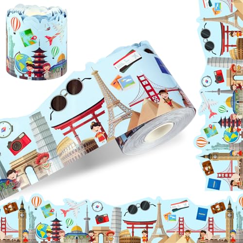 Mfmiudole 66ft Bulletin Board Border Roll Decorations,1 Roll World Traveler Coated Rolled Border Trim with Adhesive Dots for Classroom Nursery Room Office School Decor Chalkboard Board Edge
