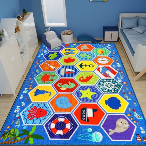 Mfmiudole Kid Rug Ocean Sea Play Mat, 78.7"×59" Educational Playmat for Playroom Primary School Nylon Surface Non-Slip Latex Backing Preschool Rugs for Classroom Learning Area