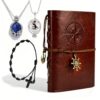 MFTYQoQ 4 Pcs Vampire Cosplay Jewelry Set Vintage Leather Writing Journal Adjustable Cross Bracelet for Women Daywalking & Vervain Locke Necklace