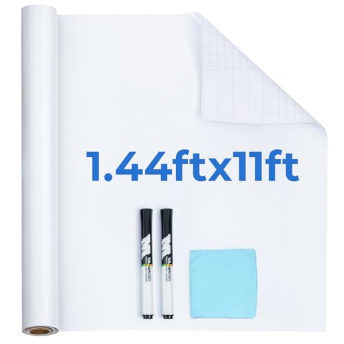 M&G White Board Wallpaper Dry Erase Board for Wall, 1.44x11FT Whiteboard Peel and Stick Wallpaper, Dry Erase Contact Paper with 2 Markers and Wipe Out Cloth (Inside the Roll), No Ghosting