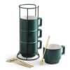 Miamolo Stackable Coffee Mugs Set of 4 with Holder Spoons 11oz Ceramic Cappuccino Cups for Espresso Latte Tea Drinks, Father's Day,Dishwasher & Microwave Safe, Green