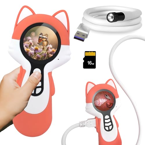 Microscope Camera for Kids Gifts Toys- Handheld Pocket Microscopes with Endoscope and Autofocus Mini Digital Educational Science Kit for Christmas Birthday for Age 3-5 5-7 8-12 Girls Boys, Fox