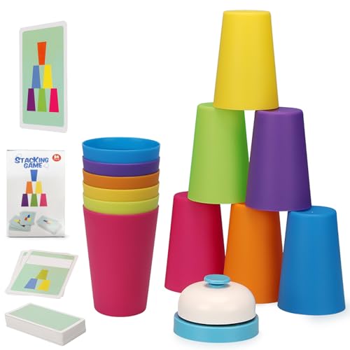 MIDOCCHIO Family Game Battle Stacking Cups, Table Game Color Sorting Cognitive Training Stacking Cups, Puzzle Competitive Parent-Child Interactive Toys Halloween (54 Cards, 12 Cups, 1 Bell)