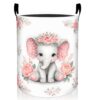 MIEPOS Cute Elephant Floral Laundry Basket, Cartoon Animal Dirty Clothes Hamper, Pink Flower Foldable Waterproof Oxford Cloth Storage Bin, Gifts for Bedroom Bathroom Home Decor, 19.7" x 15.7"