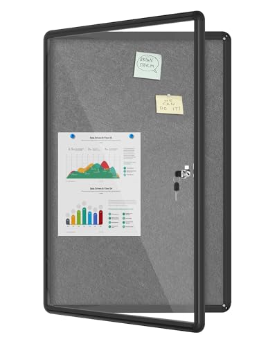 Mifuro 36"x24" Enclosed Bulletin Board, Lockable Weather-Resistant Aluminum Cork Noticeboard for School & Office, Black Frame w/Grey Flet