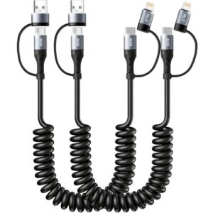 Miger Coiled USB C Cable,60W Short USB C to USB C Cable Fast Charging Cord,2Pack 4Ft Carplay Car Charger Type C and Lightning Cable 2 in 1 for iPhone 17/16/15/14/13/12/11/iPad/AirPods/MacBook/Samsung
