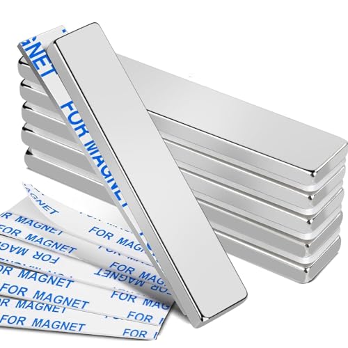 MIKEDE 6pcs Neodymium Magnet with Adhesive Backing Fridge Magnetic Strips Refrigerator Blocks Crafts Extra Super Sticky Bar for Science Experiments Classroom Craft Office 60x10x3mm Silver