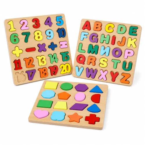 Milageto Wooden Set Letter Puzzle Number Puzzle Shape Puzzle Kids Material Cognitive Skill Learning Suitable for Age Classroom, 3-piece Set: Numbers + Uppercase Letters + 16 Shapes