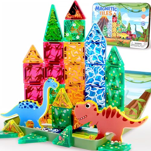 Milarji Travel Magnetic Tiles for Toddler Boys Kid, 36PC Mini Dinosaur Sets Airplane Restaurant Road Trip Activities Car Toys for Age 3 4 5 6 7 8 Year STEM Magnet Blocks Easter Basket Stuffers Gifts