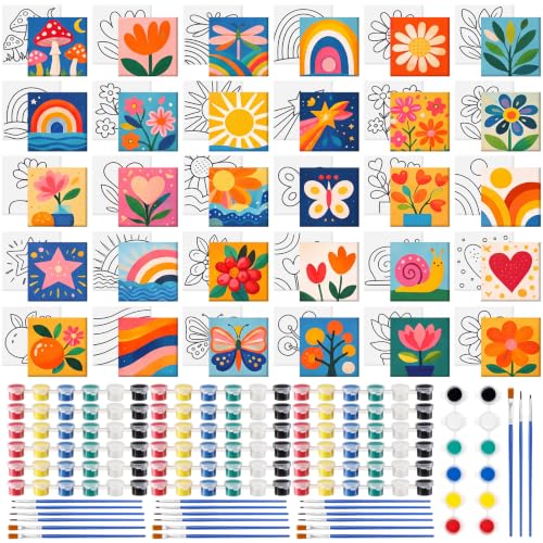 Mimorou 30 Set Kids Pre Drawn Canvas for Painting Kit 30 Pcs Outlined Mini Canvas Boards 3x3 Inch with Acrylic Paint Pots and Brushes for Group DIY Craft Party Favors Large Gatherings