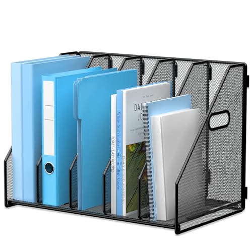 MINDEPOT Desk File Organizer Metal Desk Magazine Folder Holder with 5 Vertical Compartments Rack File Organizer for Office, Home, School, Black