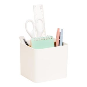 Mind Reader 2-Compartment Desktop Organizer, Removable Wood Divider, Non-Slip Base, Plastic and Wood, White