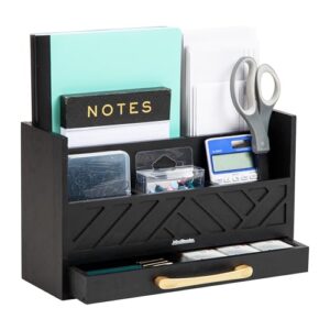 Mind Reader 5-Compartment Desktop Organizer, Rustic Wooden Storage Rack with Drawer for Papers, Accessories, and Office Supplies, 12.5" L x 4.25" W x 7.5" H, Black