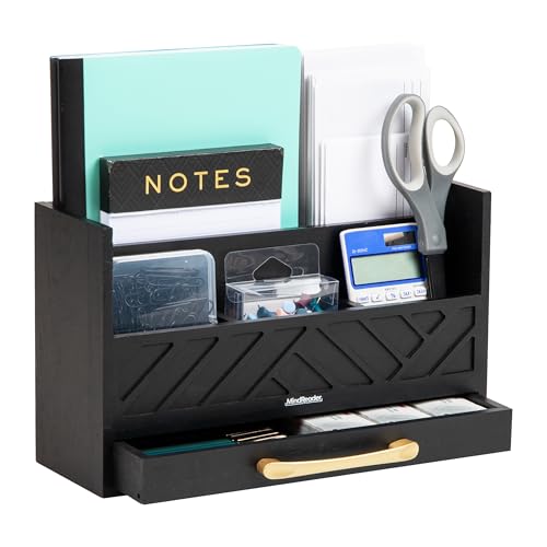 Mind Reader 5-Compartment Desktop Organizer, Rustic Wooden Storage Rack with Drawer for Papers, Accessories, and Office Supplies, 12.5" L x 4.25" W x 7.5" H, Black