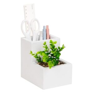 Mind Reader Ceramic Desktop Planter Pencil Cup, Desk Organizer with Faux Succulent, White