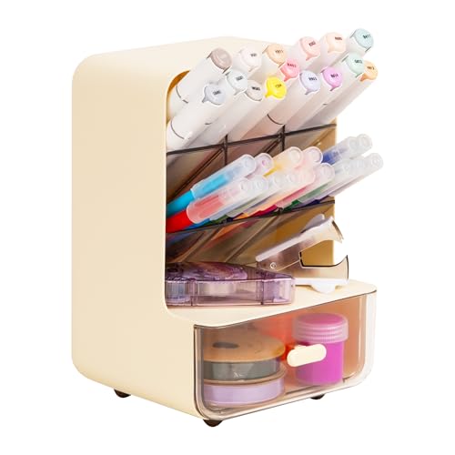 Mind Reader Compact Craft Supply Organizer with Drawer, 6 Slanted Compartments, Non-Skid Feet, Desktop Storage for Markers, Pens, Tools & Art Essentials, Plastic, White