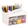 Mind Reader Craft Supply Organizer with Top Tray and 4 Drawers, Desktop Storage for Pens, Scissors, Tape, Beads and Accessories, Plastic, White