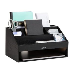 Mind Reader Desk Organizer, File Storage, Accessory Holder, Cord Management, Office, Wood, 16.25"L x 9.5"W x 8.5"H, Black