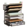 Mind Reader Mesh Desk Organizer, 6 Compartments, 1 Drawer, 2 Pen Cups, Office Desktop Organizer, Metal Mesh, Black