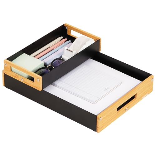 Mind Reader Metal and Wood Tiered Desktop Organizer Trays with Cutout Handles, Stackable Office Storage, Office, Entryway, Coffee Station and Home Organization, Metal and Wood, Set of 2, Black