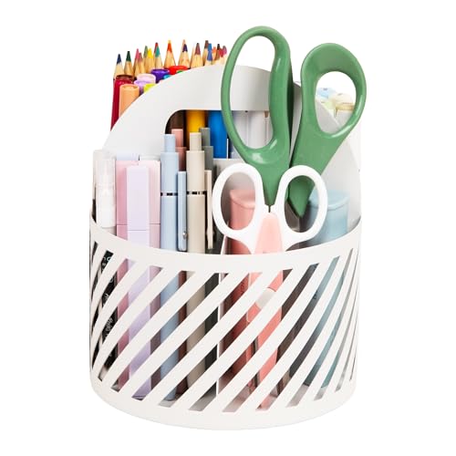 Mind Reader Round Metal Desktop Carousel Organizer with Handle, Four Compartments, Office Supplies and Accessories, Metal, White