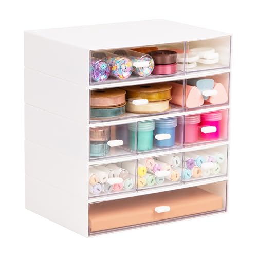 Mind Reader Stackable Craft Organizer with Drawers, Modular Storage Tower, Interlocking Design for Art Supplies, Office Supplies, Sewing, Beads, Plastic, Set of 5, White
