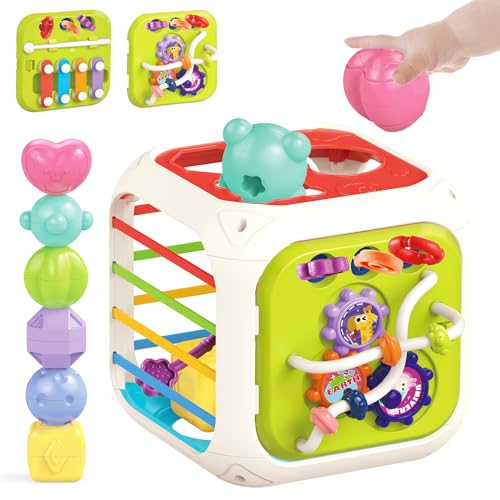 MINGKIDS 7 in1 Baby Sensory Montessori Activity Cube Toys, Shape Sorter Early Learning Toys,Developmental Infant Birthday Gifts for Toddler Age 1 2 3