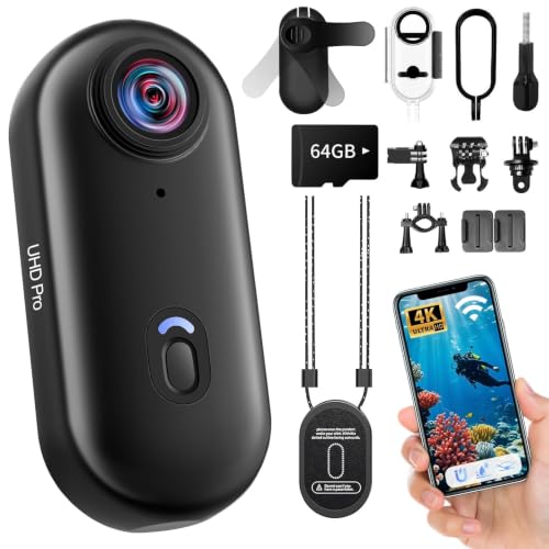 Mini Action Cam 4K, 64GB Body Cam WiFi Sports Camera, Wearable POV Camera, Portable Helmet Camcorder Thumb Size, Hands-free Recording, 30m Waterproof for Vlogging Cycling Swimming Hiking Petting