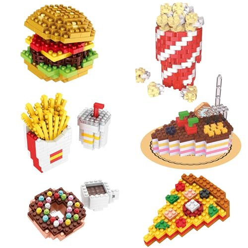 Mini Building Blocks Sets Fast Food - 6 Packs Micro Mini Blocks Toys for Adult, Bricks Kit for Party Favors, Goodie Bags, Birthday Gifts Hamburger, French Fries, Cake, Popcorn, Pizza, Doughnut