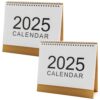 Mini Desk Calendar 2025, 2 Pack Simple Monthly Planner with Spiral Bound Design and Brown Base, Ideal for Office Use, Large 2025 Front, White Minimalist Style, Compact Planning Tool