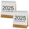 Mini Desk Calendar 2025, 2 Pack Spiral Bound Monthly Planner with Brown Base, White Minimalist Style, Large 2025 Front, Compact for Office Use, Simple Desktop Calendar for Daily Scheduling
