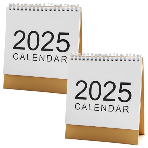 Mini Desk Calendar 2025, 2 Pack Spiral Bound Monthly Planner with Brown Base, White Minimalist Style, Large 2025 Front, Compact for Office Use, Simple Desktop Calendar for Daily Scheduling