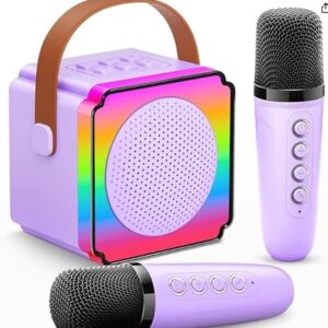 Mini Karaoke Machine for Kids Adults, Colorful LED Lights Portable Bluetooth Speaker with 2 Wireless Mics, Home Birthday Party Gift for Ages 4, 5, 6, 7, 8, 9, 10, 11, 12+ Years Old Boys Girls, Purple