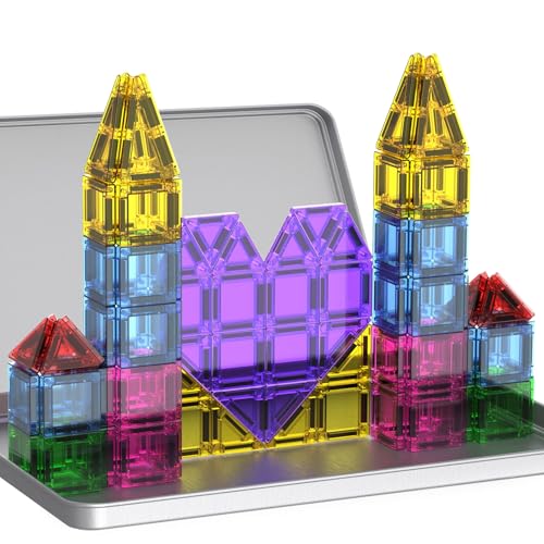 Mini Magnetic Tiles,78PCS Travel Magnetic Tiles Set with Iron Box,Portable Building Blocks for Kids Ages 3+,Car Airplane Travel Essentials Kids Toy,Creative STEM Toys Birthday Gift for Boys & Girls