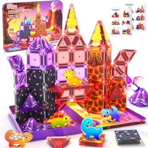 Mini Magnetic Tiles Dinosaur Volcano Set, Magnetic Building Blocks with 6 Dinosaurs, Road Trip Essentials for Car & Airplane Magnet Tiles STEM Construction Toys, Gifts & Toys for Boys Girls Ages 3-12