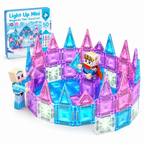Mini Magnetic Tiles with 2 Little Action People, Light Up Frozen Tiles with Magnetic Action Figures for Princess Castle, Micro Magnet Portable Travel Toys for Kids, STEM Building Gifts for Boys Girls