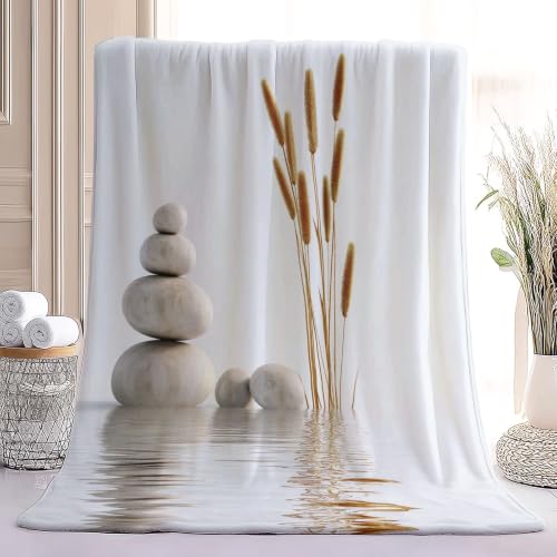 Minimalist Contemporary Throw Blanket Full Size 50" x 60",Flannel Blanket for Couch Bed, Japanese Zen Stone Grass Reflection Summer Quilt Farmhouse Home Decor Soft Lightweight Picnic Blankets