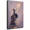 Minimalist Reading Lavender Book and Star Canvas Wall Art Whimsical Woman Silhouette Painting Celestial Pastel Purple Poster Cozy Reader Living Room Kids Bedroom Decor (Framed,16x24in)