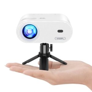 Mini Projector, VISSPL Full HD 1080P Video Projector, Portable Outdoor Projector with Tripod, Kids Gift, Home Theater Movie Phone Projector Compatible with Android/iOS/Windows/ (Soft white)