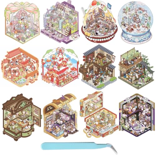 Mini Sticker Scene Book, 12 Sets Fun DIY 3D Sticker for All Surfaces, Cute Cartoon Animal Miniature Scene Stickers for Adult Kids, Relief Stress Pass the Time, Gifts for Holiday Christmas