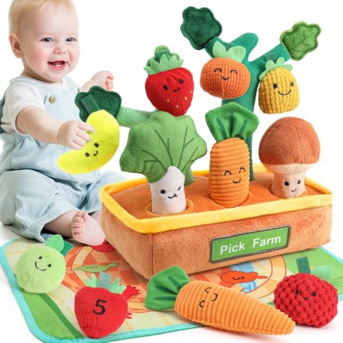 Mini Tudou Baby Toys 6-12 Months-Fruits Veggies Farm Stuffed Toys 15PCS-Sensory Educational Toy Mushroom Carrot with Rattle Squeaker Crinkle Texture Color Shape Number Matching Gifts