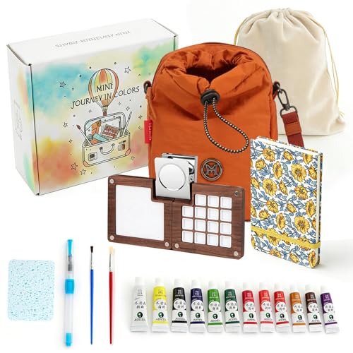 Mini Wooden Watercolor Paint Set, All-in-One Pocket Travel Art Kit: 15-Grid Palette, 12-Color Pigment, Brushes, Sketchbook, Clip, Sponge & Bags- Art Supplies Gift for Beginners & Artists DMCK003