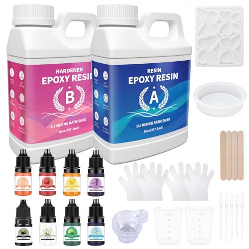 Minlebao Crystal Clear Epoxy Resin Kit 32oz, High Gloss Bubble-Free Coating & Casting for DIY Art, Jewelry Making, River Tables - 1:1 Ratio with Measuring, Silicone Mold and Usage Tools